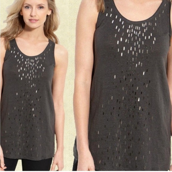 NWOT EILEEN FISHER 100% Linen Cascading Sequined Scooped Neck Tank Charcoal XS-S - Picture 1 of 8